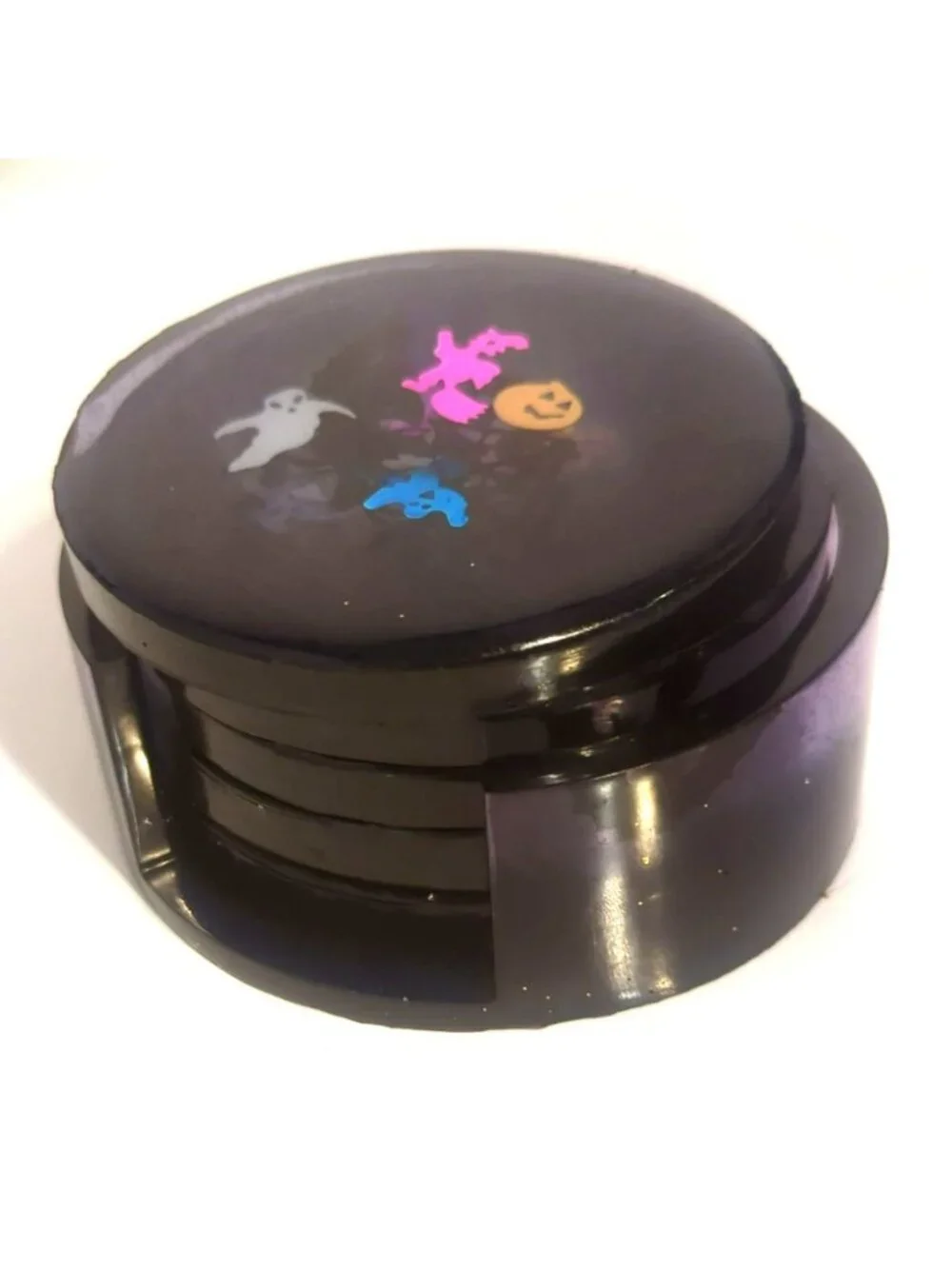 Handmade Resin Round Coaster Set With Holder Halloween-Themed Spooky Home Decor